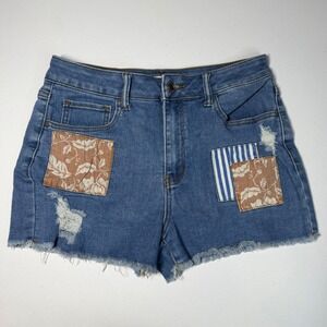 SO Denim Shorts 11/30W Blue High Rise Patchwork Distressed Shortie